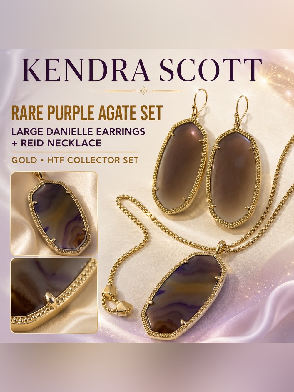 Kendra Scott Danielle Earrings + Reid Long Pendant Necklace Rare Purple Agate
